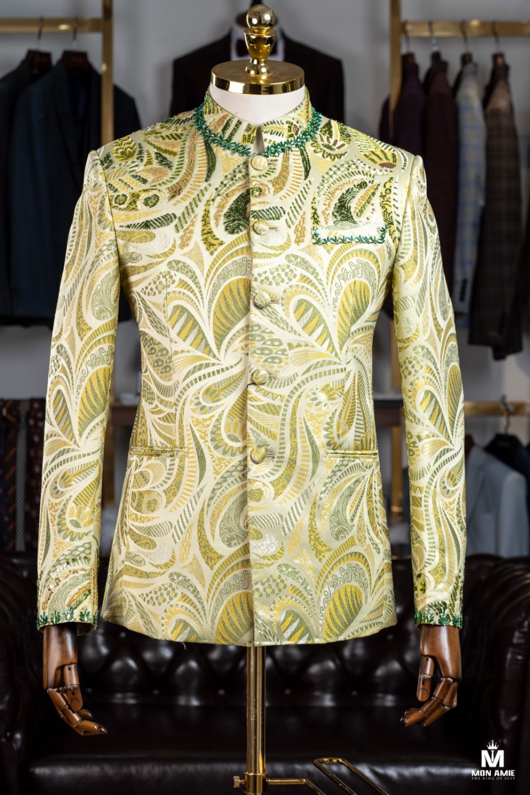 Yellow Jacquard Mandarin Suit 